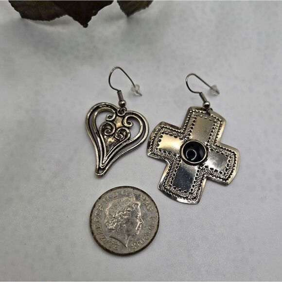 "5/$25" Mismatched Silvertone Lightweight Cross & Heart Dangle Earrings - Picture 4 of 5
